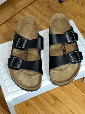 Birkenstock Black Leather Footbed Sandals